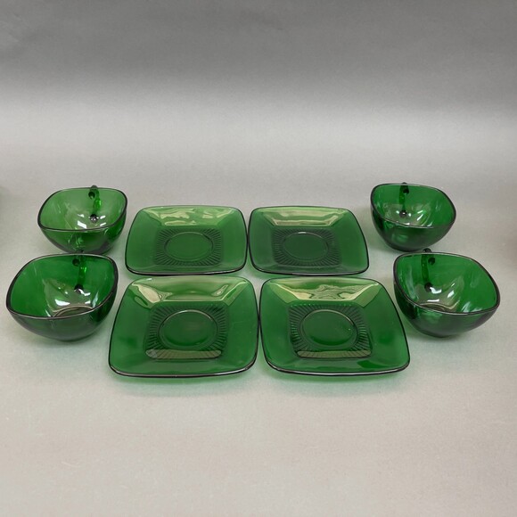 Fire King Anchor Hocking Square Cup & Saucers Charm Forest Green Glass Lot of 8 - Picture 8 of 9